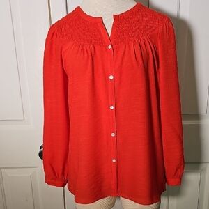 Nanette Lepore Women's Red Button-Up Top. Smocking Pearl Buttons. Size Meduim